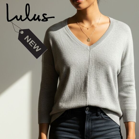 Lulus Sweater Size XS Heather Gray Lightweight V Neck 3/4 Sleeve Pullover Soft - Picture 1 of 7